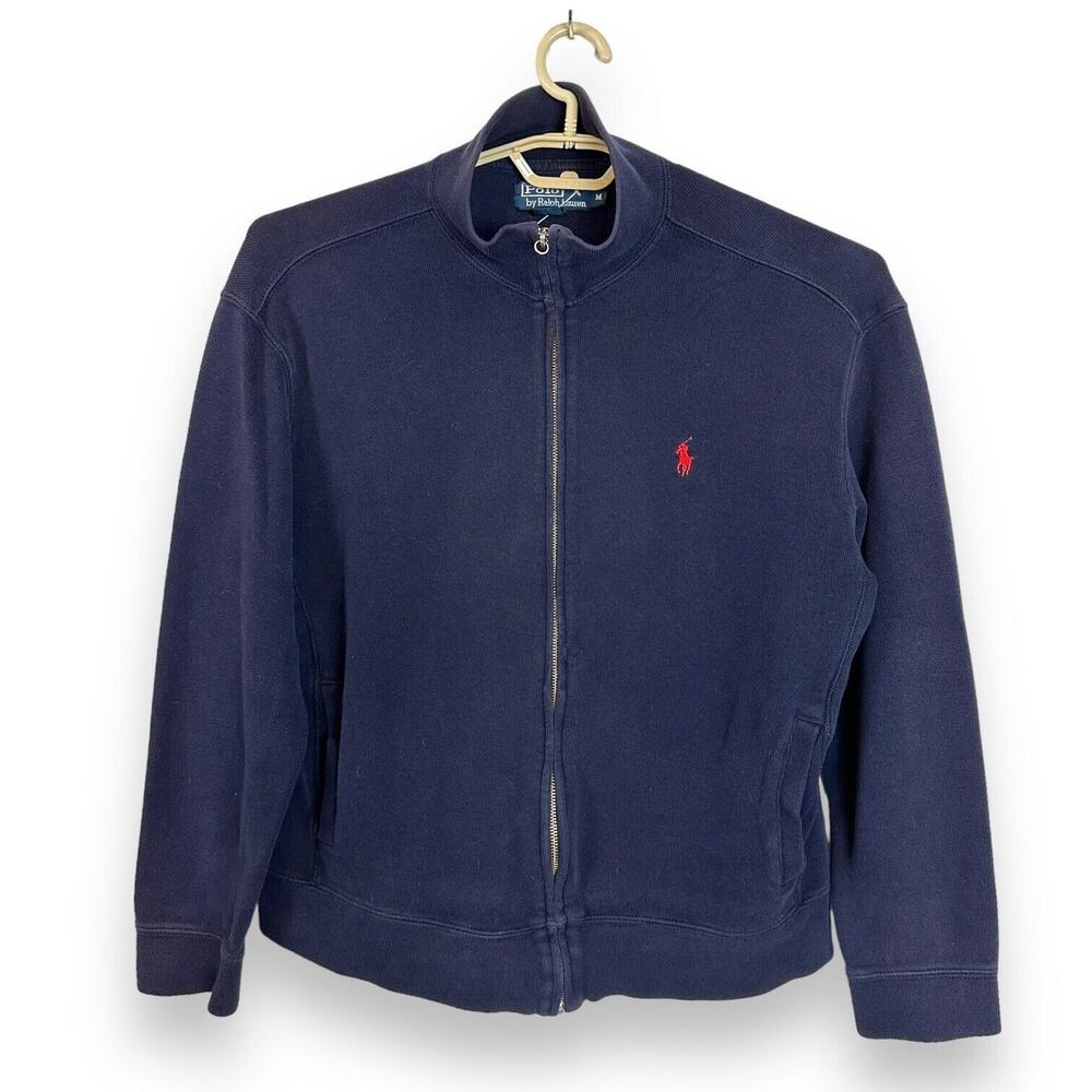 Vtg Polo Ralph Lauren Track Jacket Coat Sz M Blue Red Logo Pockets Cotton Preppy